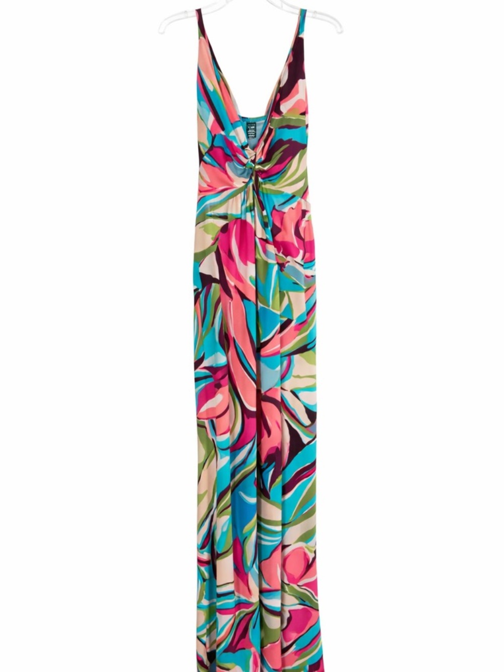 Teal Pink Abstract Print Maxi Dress Twist Front Sleeveless Flowy Summer Dress